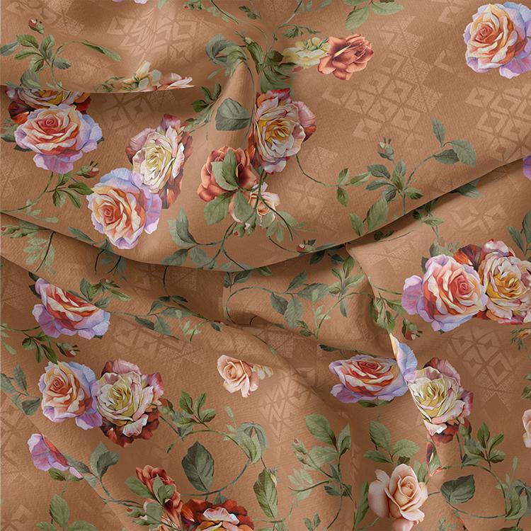 Oil Painted Flowers On Brown Digital Printed Fabric - FAB VOGUE Studio®