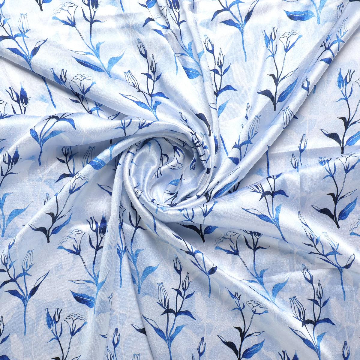 Attractive Blue Bud Water Paint Shadow Digital Printed Fabric - Japan Satin - FAB VOGUE Studio®