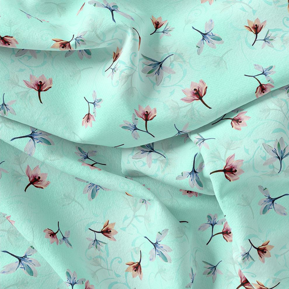 Brown Floating Flower On Rama Green Digital Printed Fabric - Japan Satin - FAB VOGUE Studio®