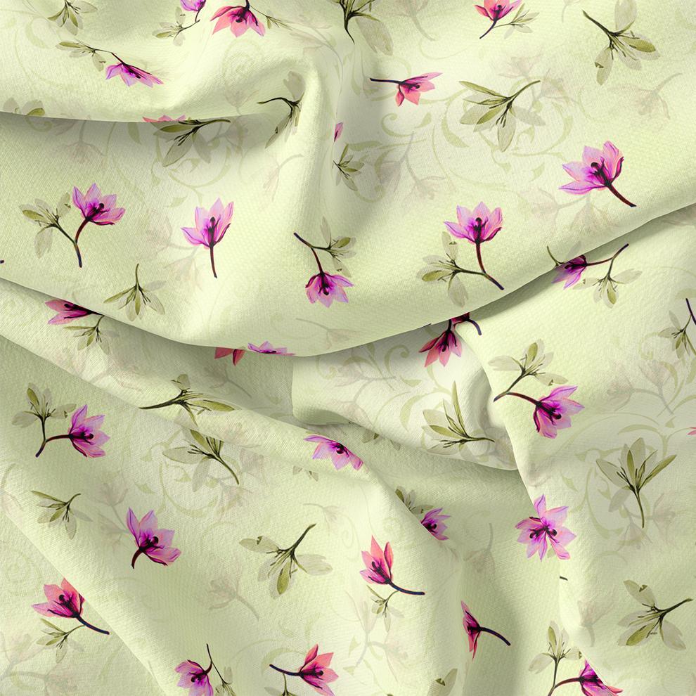 Pink Red Floating Flower On Lemon Yellow Digital Printed Fabric - FAB VOGUE Studio®