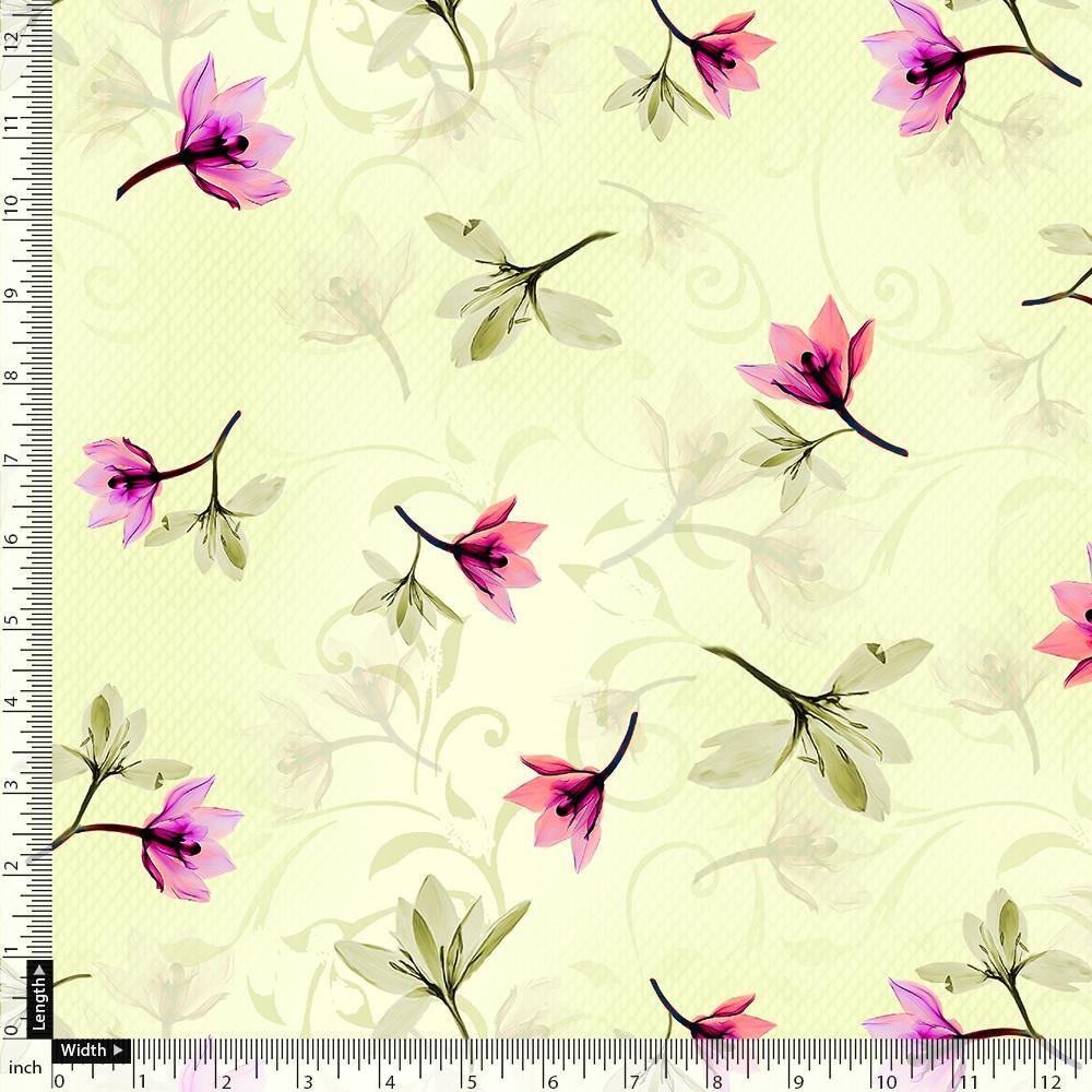 Pink Red Floating Flower On Lemon Yellow Digital Printed Fabric - FAB VOGUE Studio®