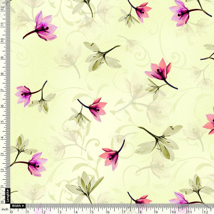 Pink Red Floating Flower On Lemon Yellow Digital Printed Fabric - FAB VOGUE Studio®