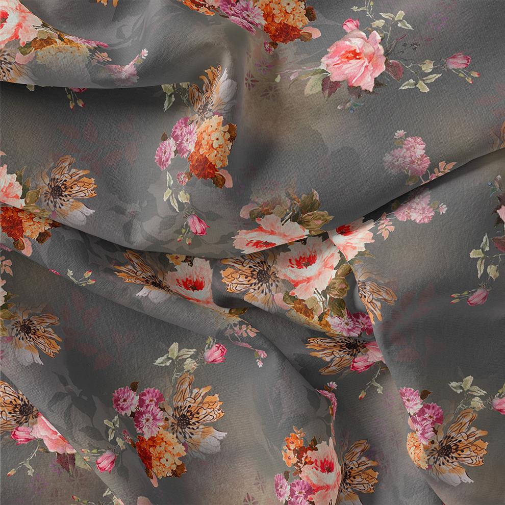 Painted Flower Bunch On Grey Palate Digital Printed Fabric - Japan Satin - FAB VOGUE Studio®