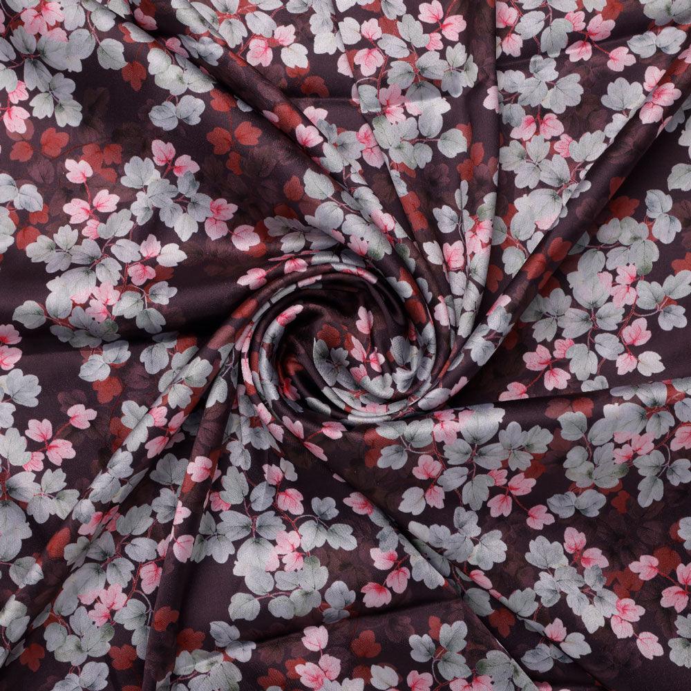 Beautiful Pink With Grey Leaves Digital Printed Fabric - Japan Satin - FAB VOGUE Studio®