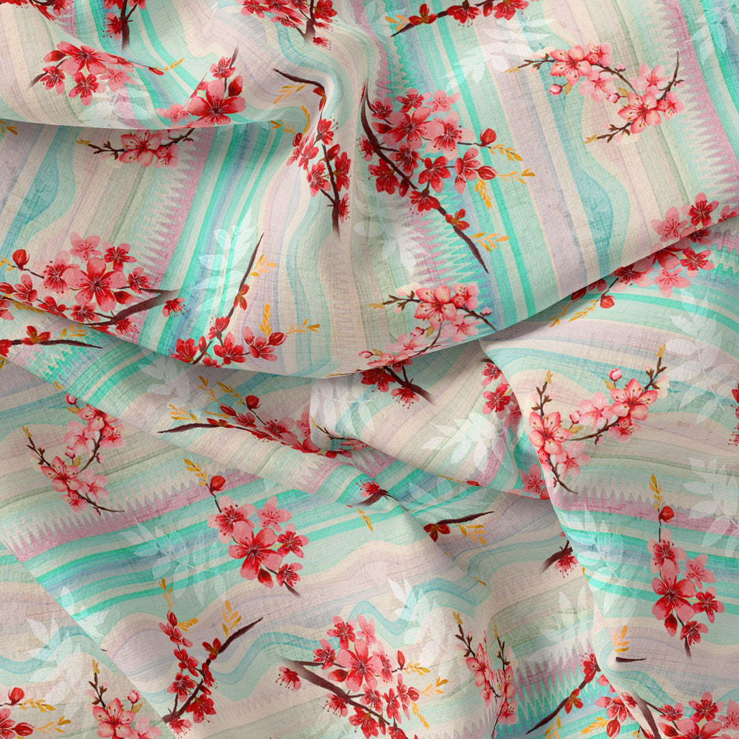 Red Spring With Decorative Background Digital Printed Fabric - Japan Satin - FAB VOGUE Studio®