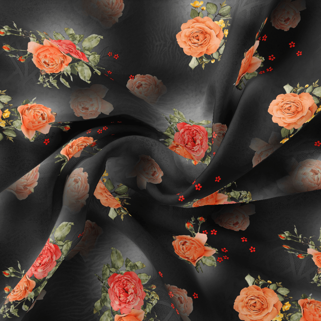 Most Trending Oranges With Red Rose Digital Printed Fabric - Japan Satin - FAB VOGUE Studio®