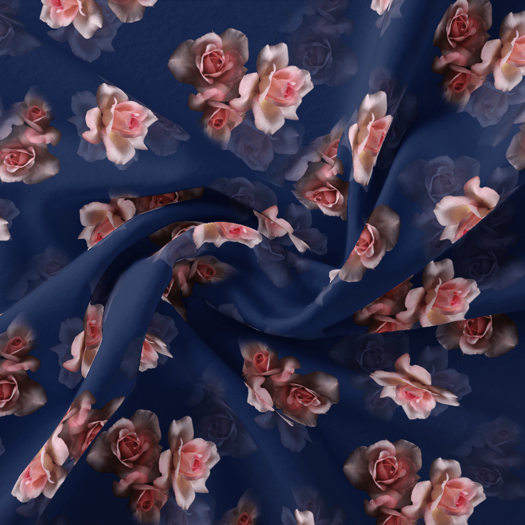 Valvet Blue Background With Creamy Roses Digital Printed Fabric - FAB VOGUE Studio®