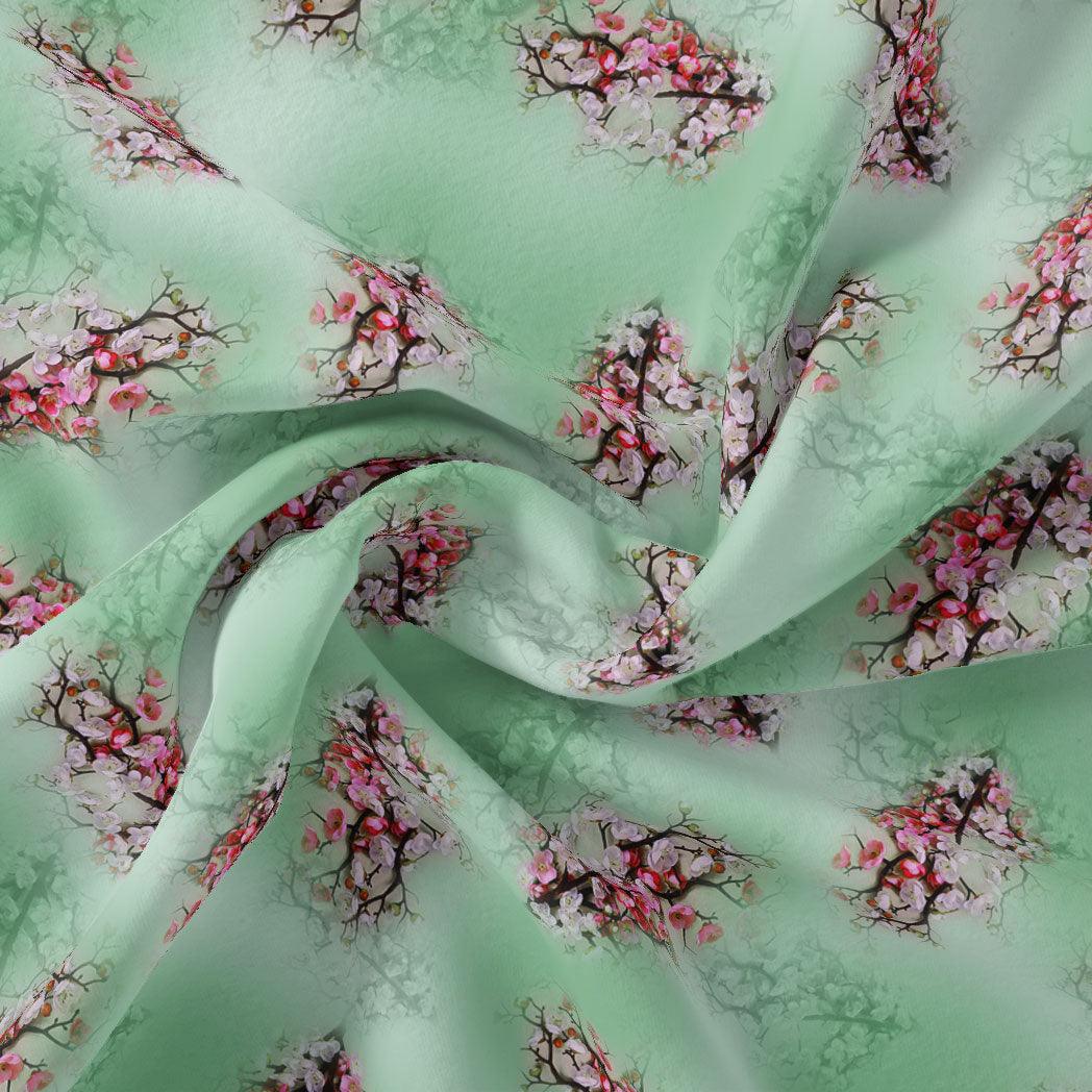 Green Pista Flower Japan Satin Printed Fabric - FAB VOGUE Studio®