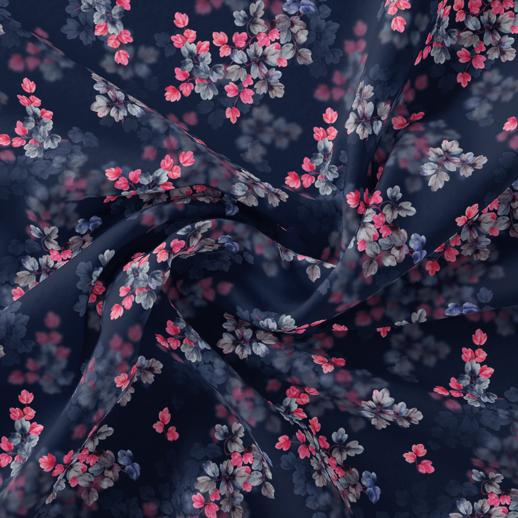 Pink And Gray Leaves With Blue Background Digital Printed Fabric - FAB VOGUE Studio®