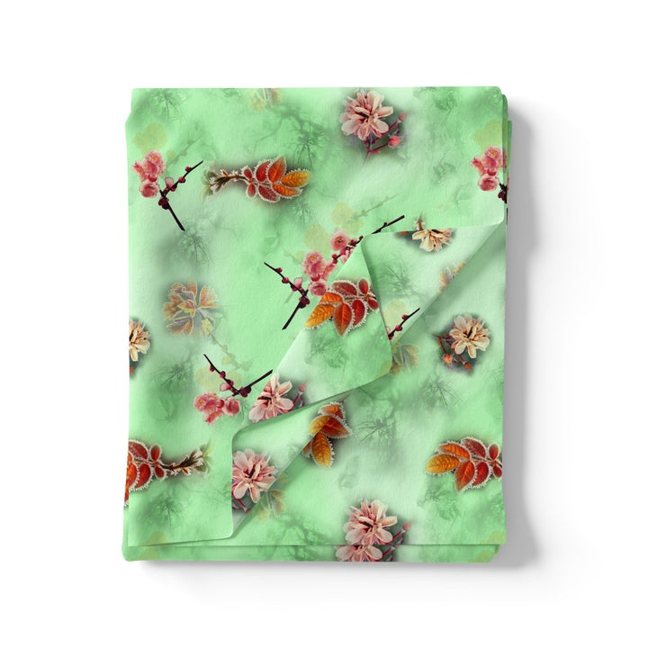 Beautiful Pink Floral With Red Leaves Digital Printed Fabric - FAB VOGUE Studio®