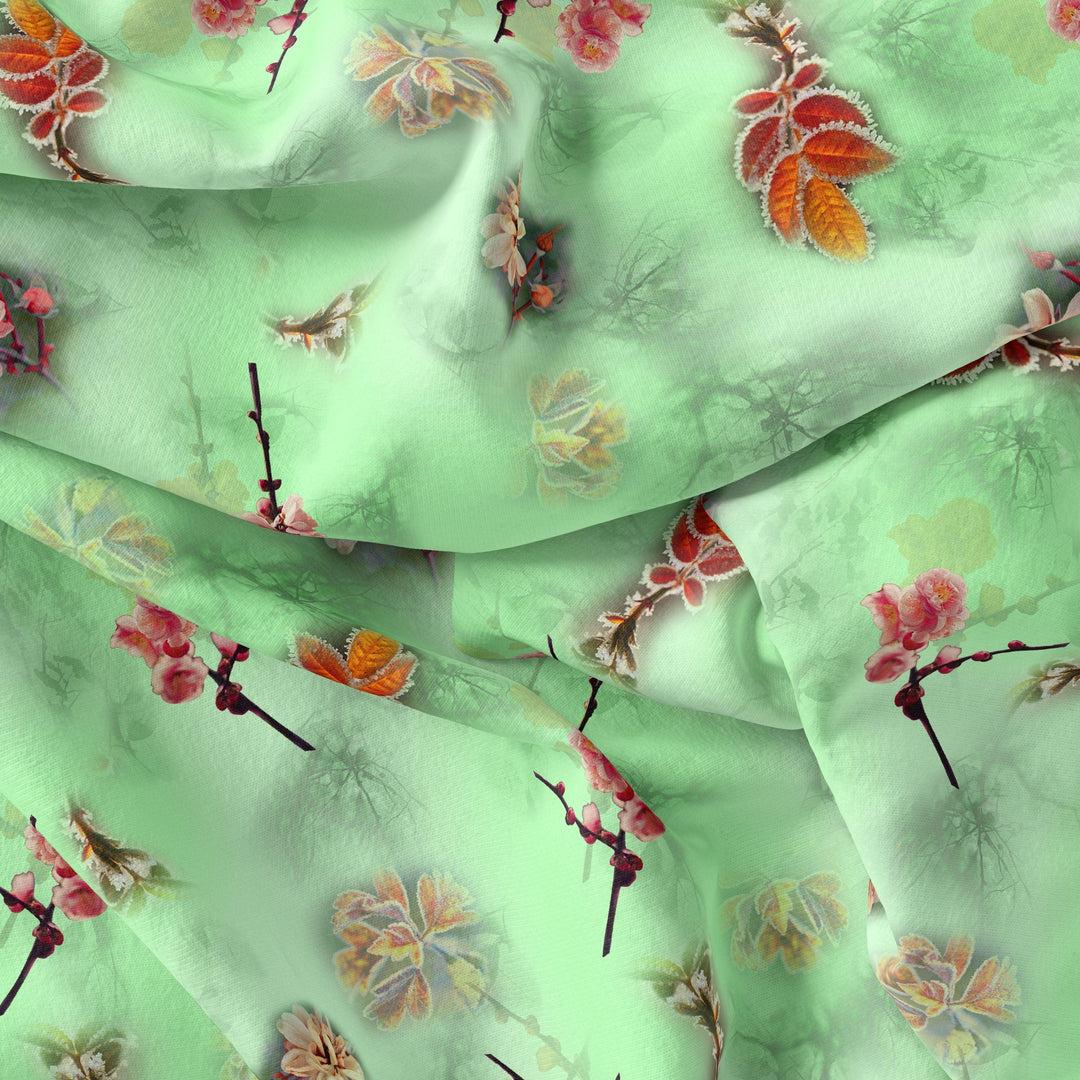 Beautiful Pink Floral With Red Leaves Digital Printed Fabric - FAB VOGUE Studio®