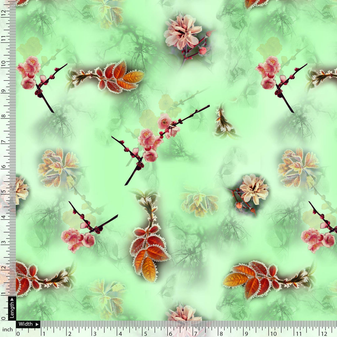 Beautiful Pink Floral With Red Leaves Digital Printed Fabric - FAB VOGUE Studio®