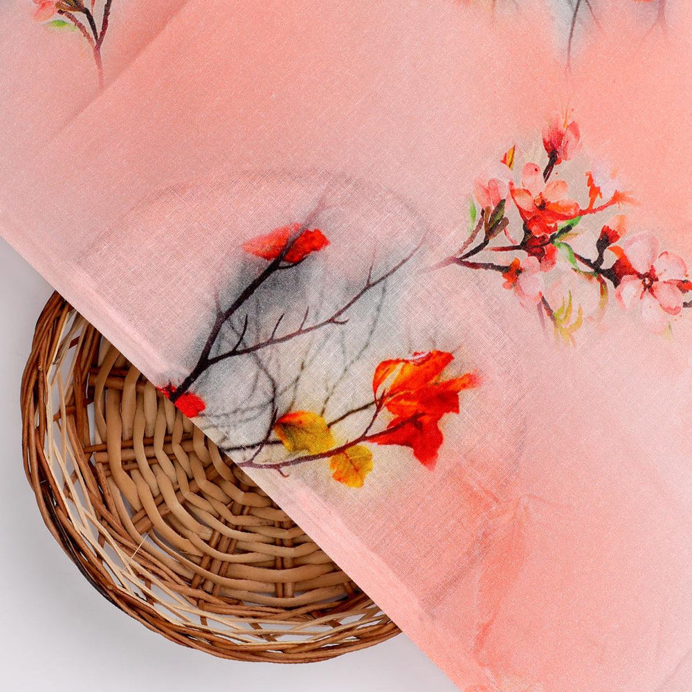 Antique Coral Colour Background With Autumn Buds Digital Printed Fabric - FAB VOGUE Studio®