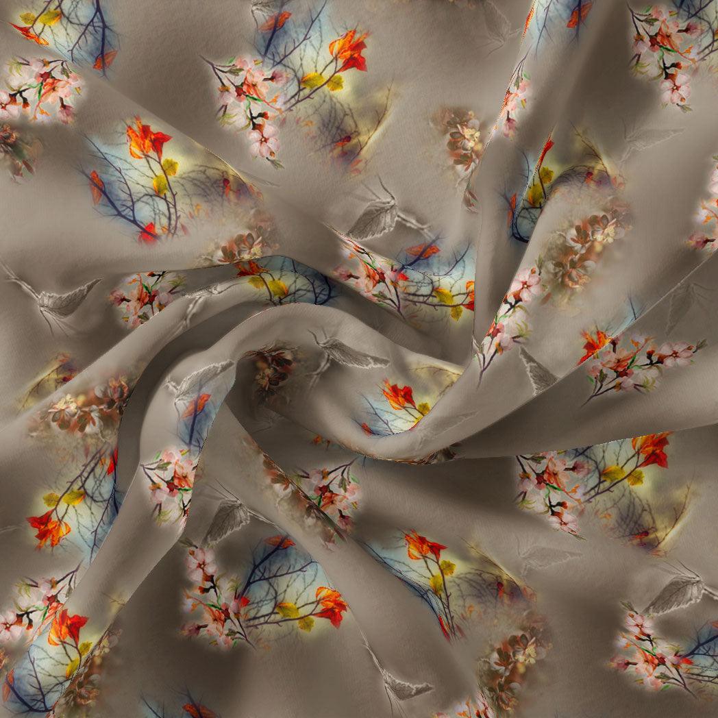 Attractive Pink Periwinkle With Autumn Buds Leaves Digital Printed Fabric - FAB VOGUE Studio®