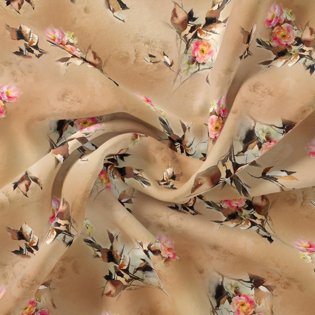 Morden Pink Rose And Leaves Flower Bunch Digital Printed Fabric - FAB VOGUE Studio®