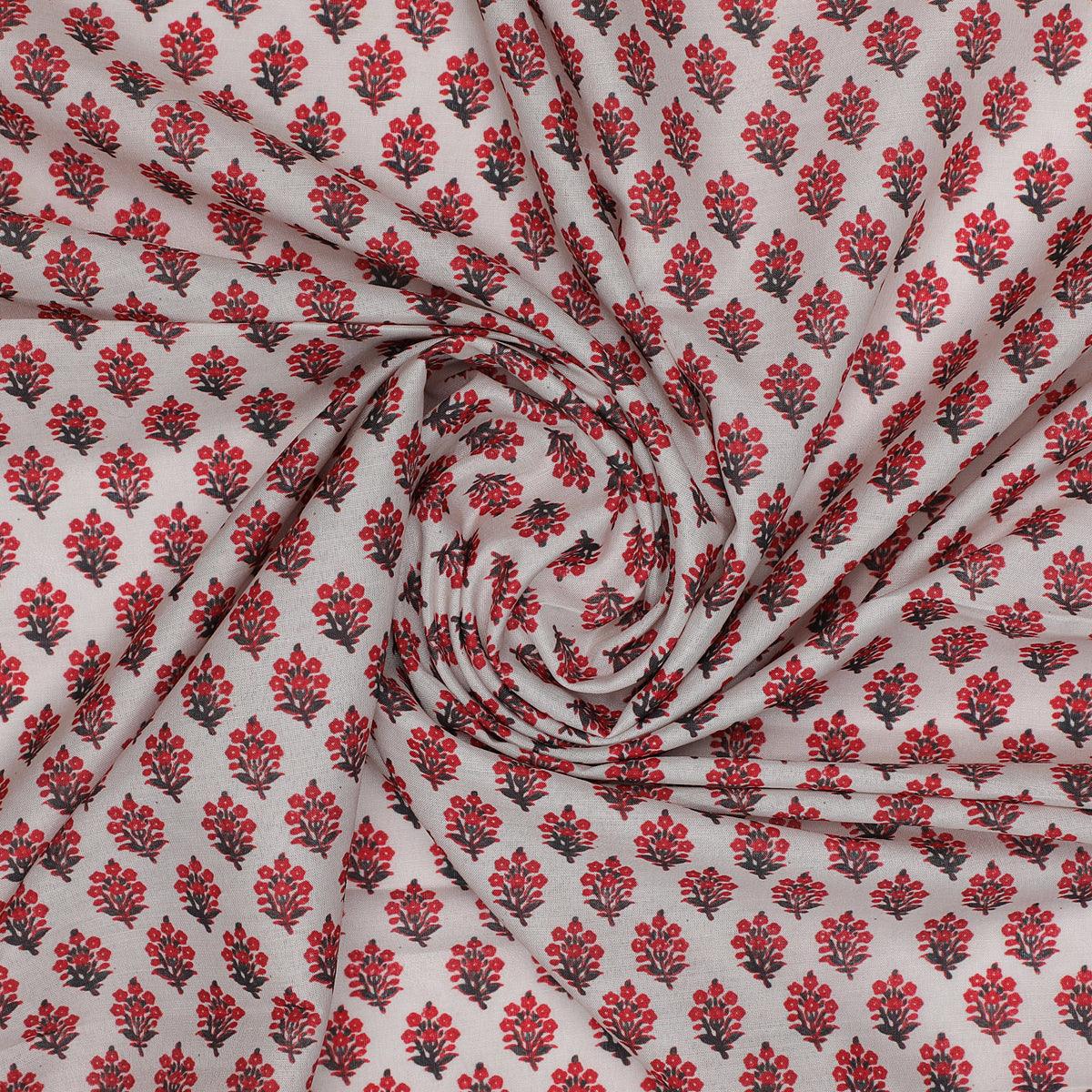 Red Flower Motif Block Digital Printed Fabric - Kora Silk - FAB VOGUE Studio®