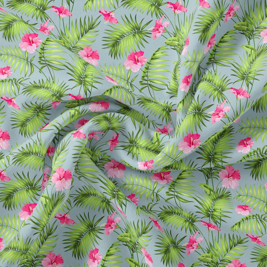 Tropical Leaves Pink Hibiscus Flower Digital Printed Fabric - Kora Silk - FAB VOGUE Studio®