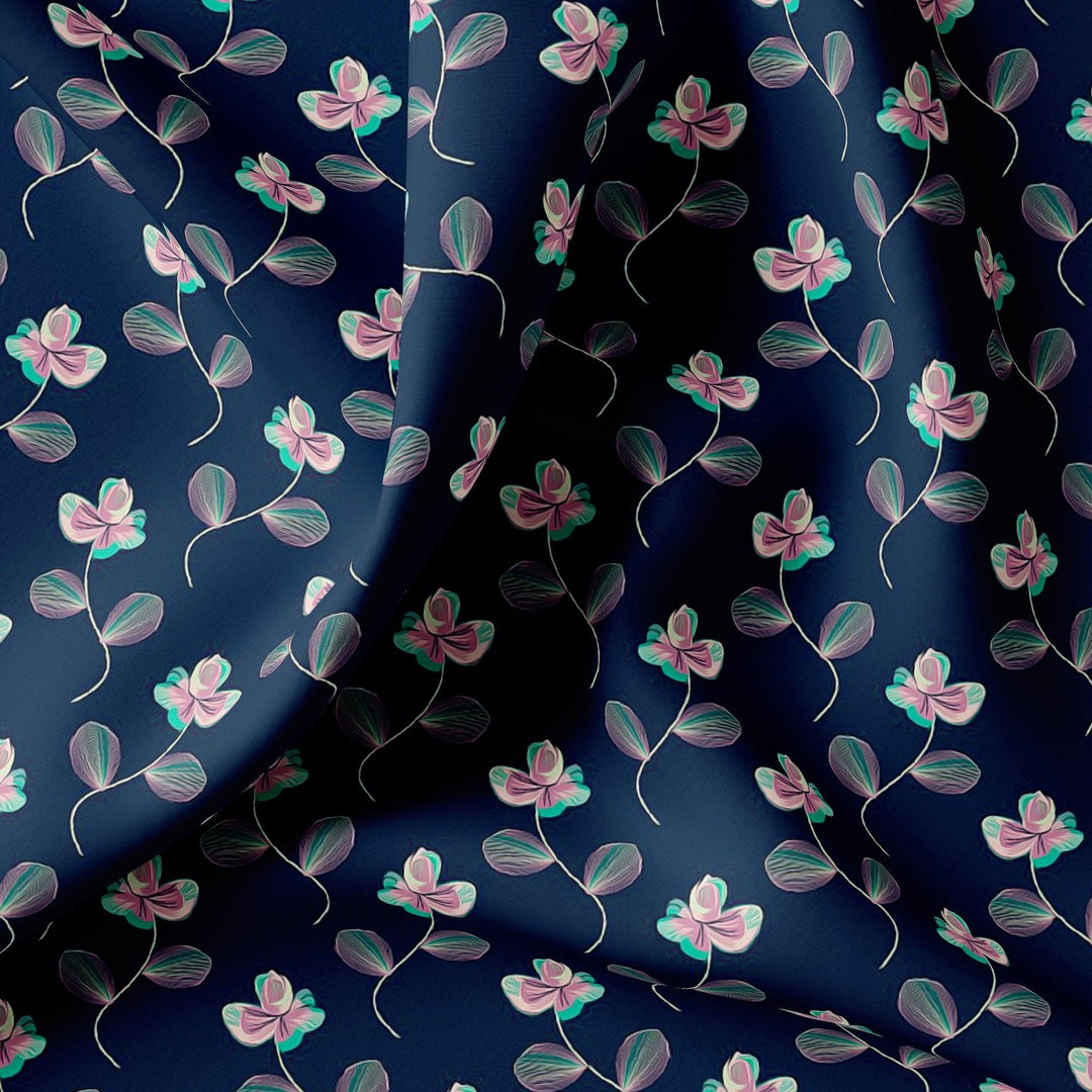 Flowers Floating over Blue Base Digital Printed Fabric - FAB VOGUE Studio®