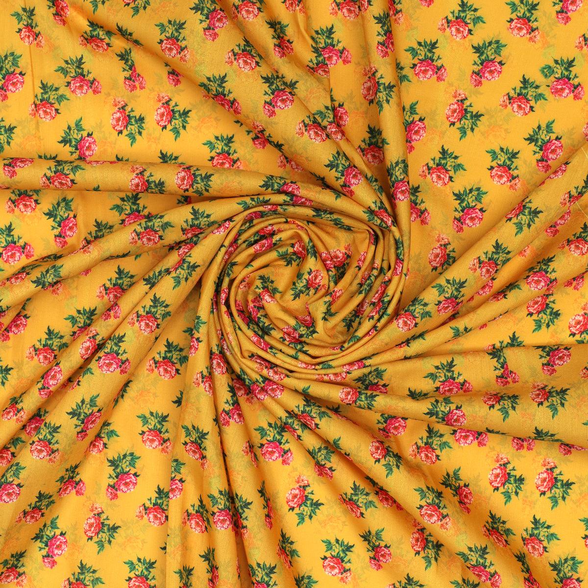 Pink Tiny Flower With Yellow Digital Printed Fabric - Kora Silk - FAB VOGUE Studio®