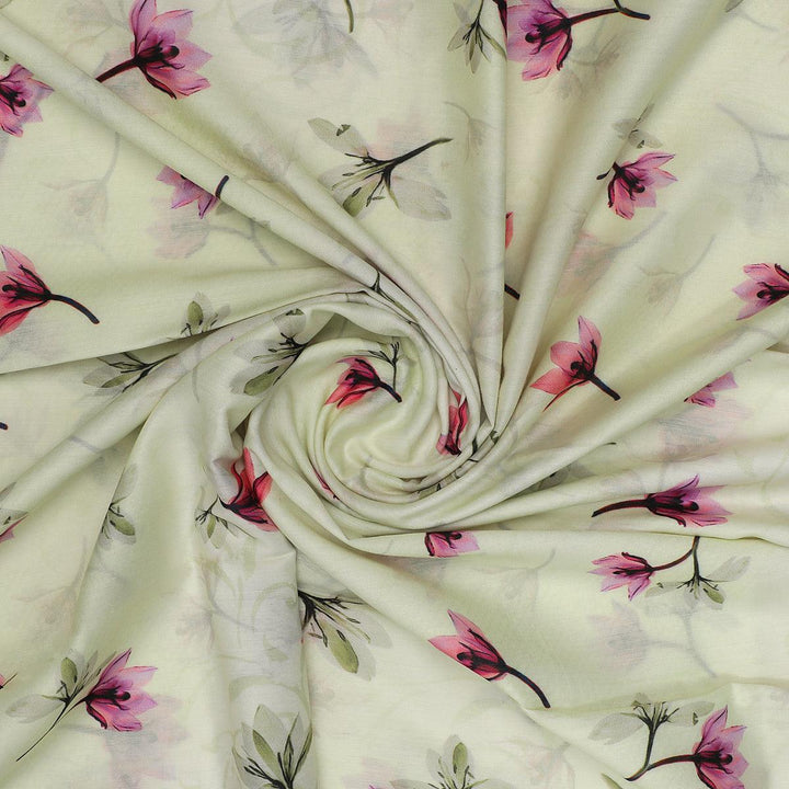 Pink Red Floating Flower On Lemon Yellow Digital Printed Fabric - Kora Silk - FAB VOGUE Studio®