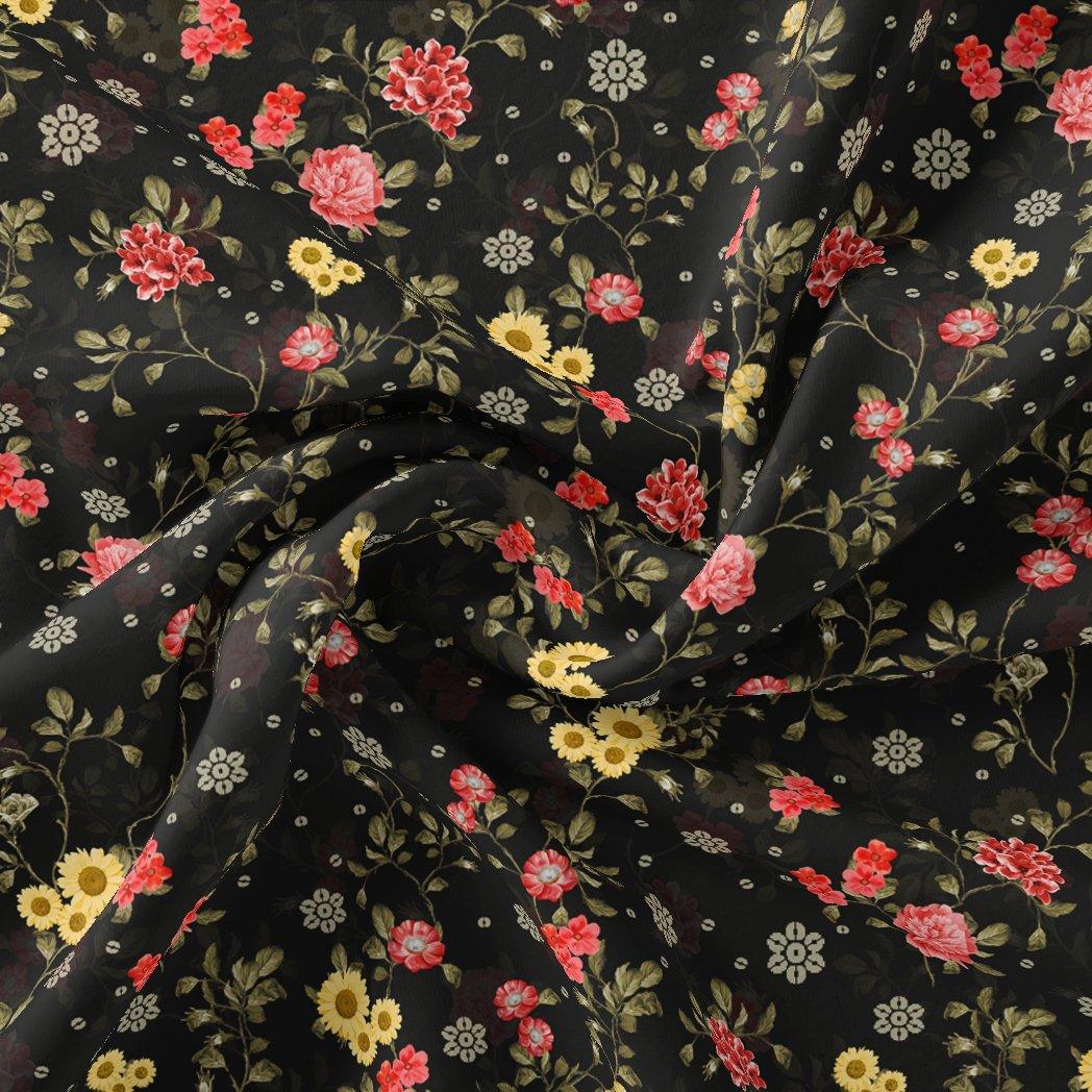 Beautiful Calico Flower With Branch Digital Printed Fabric - Kora Silk - FAB VOGUE Studio®