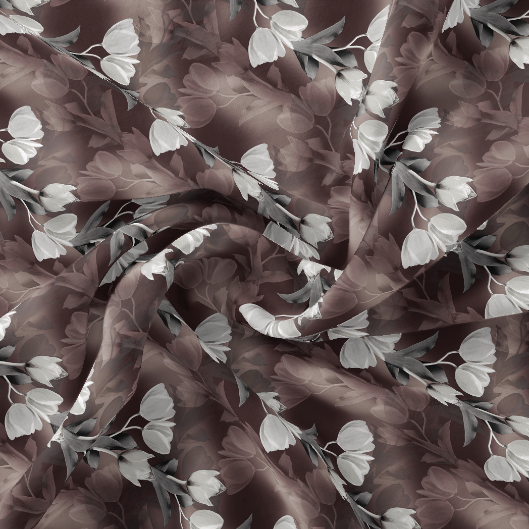 Watercolor Blooming Flower Brown Flower Digital Printed Fabric - Kora Silk - FAB VOGUE Studio®