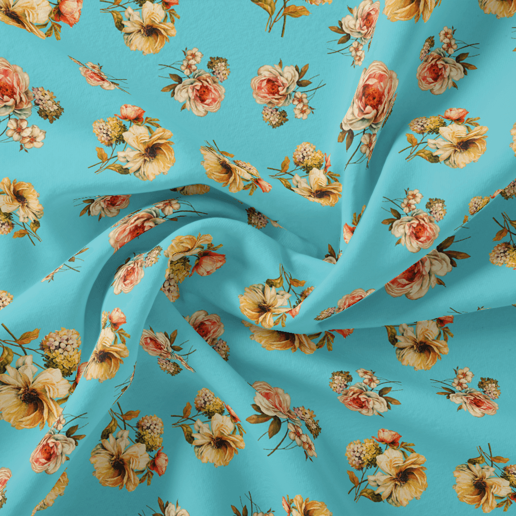 Lovely Periwinkle Flower With Blue Turquoise Digital Printed Fabric - Kora Silk - FAB VOGUE Studio®