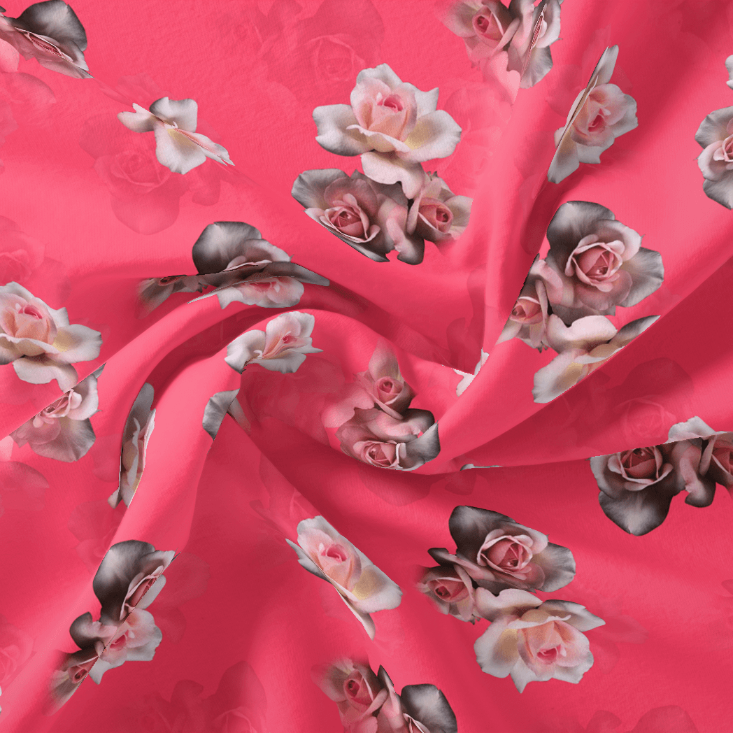 Pinkish Background With Valvet Roses Digital Printed Fabric - Kora Silk - FAB VOGUE Studio®