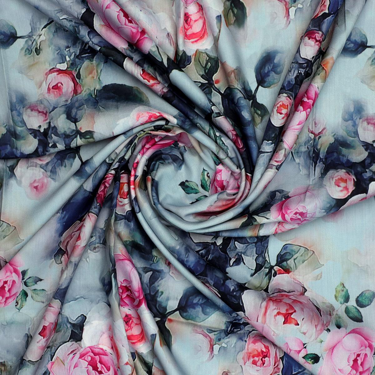 Pink And Peach Rose Allover Digital Printed Fabric - Kora Silk - FAB VOGUE Studio®