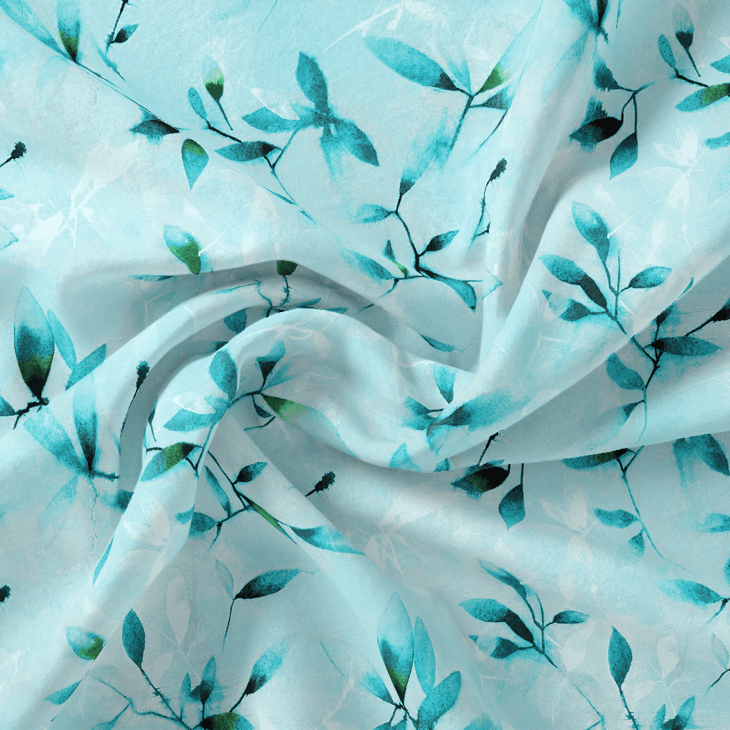 Attractive Sky Blue Leaves Digital Printed Fabric - Poly Muslin - FAB VOGUE Studio®