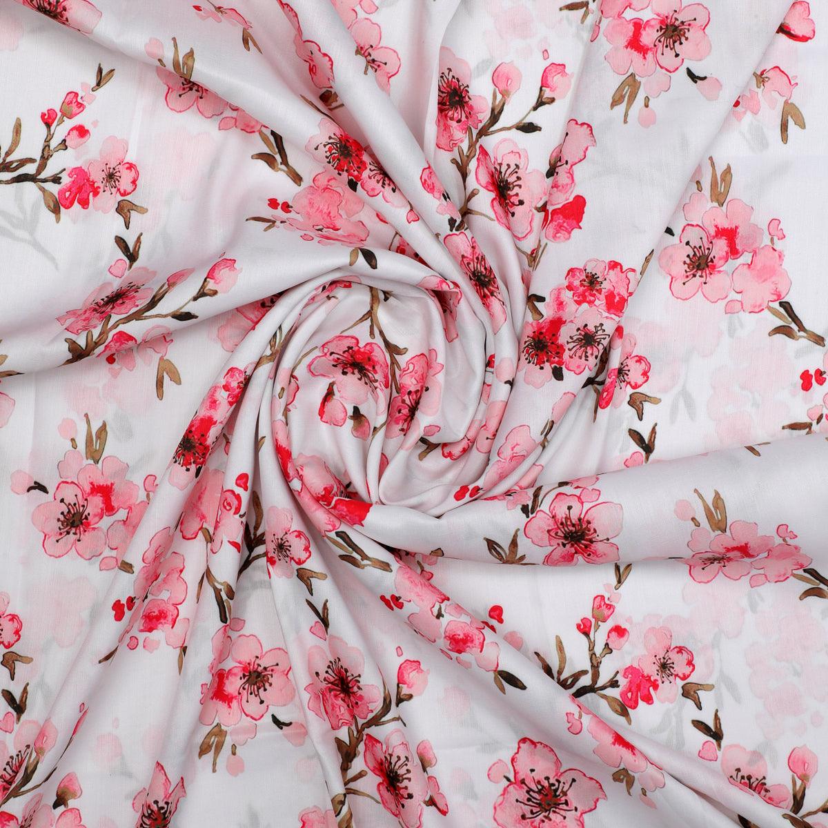 White Floral Digital Printed Muslin Fabric Unstitched Fabric FAB VOGUE Studio