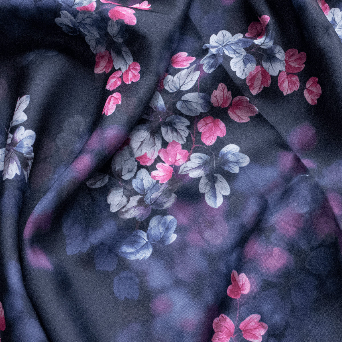 Pink And Gray Leaves With Blue Background Digital Printed Fabric - Organza - FAB VOGUE Studio®