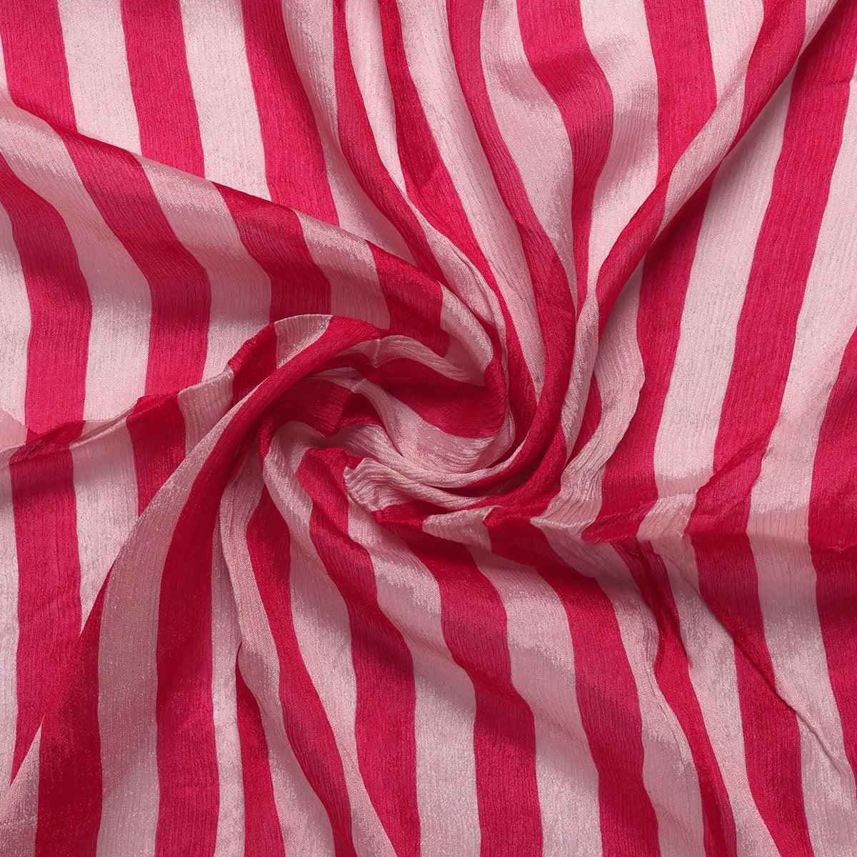 Red And Offwhite Stripe Combo Digital Printed Fabric - Pure Chinon - FAB VOGUE Studio®