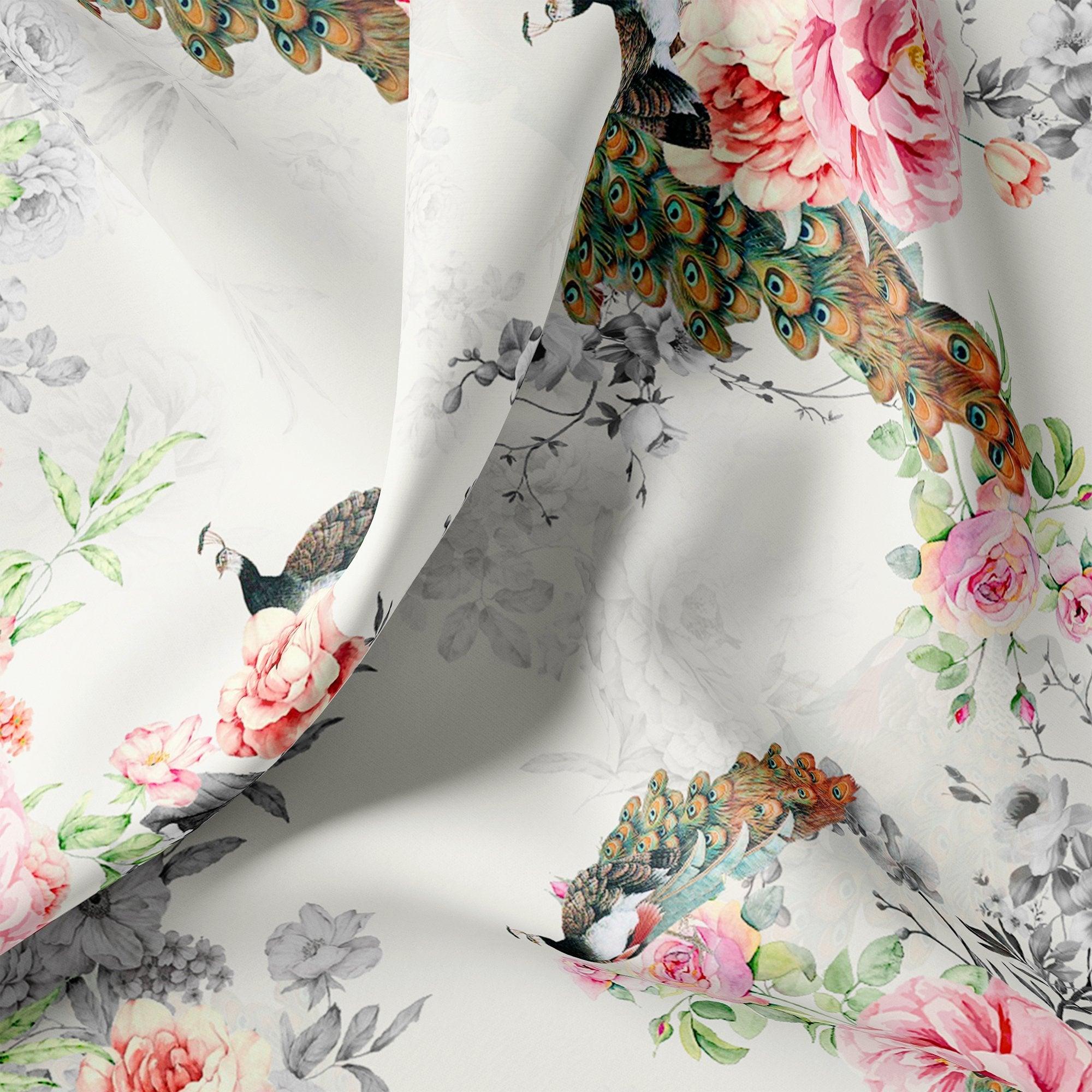 Peacock & Floral Digital Printed Fabric - FAB VOGUE Studio®