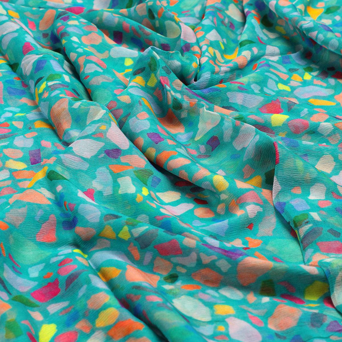 Medium Turquoise Abstract Printed Pure Chiffon Fabric - FAB VOGUE Studio®