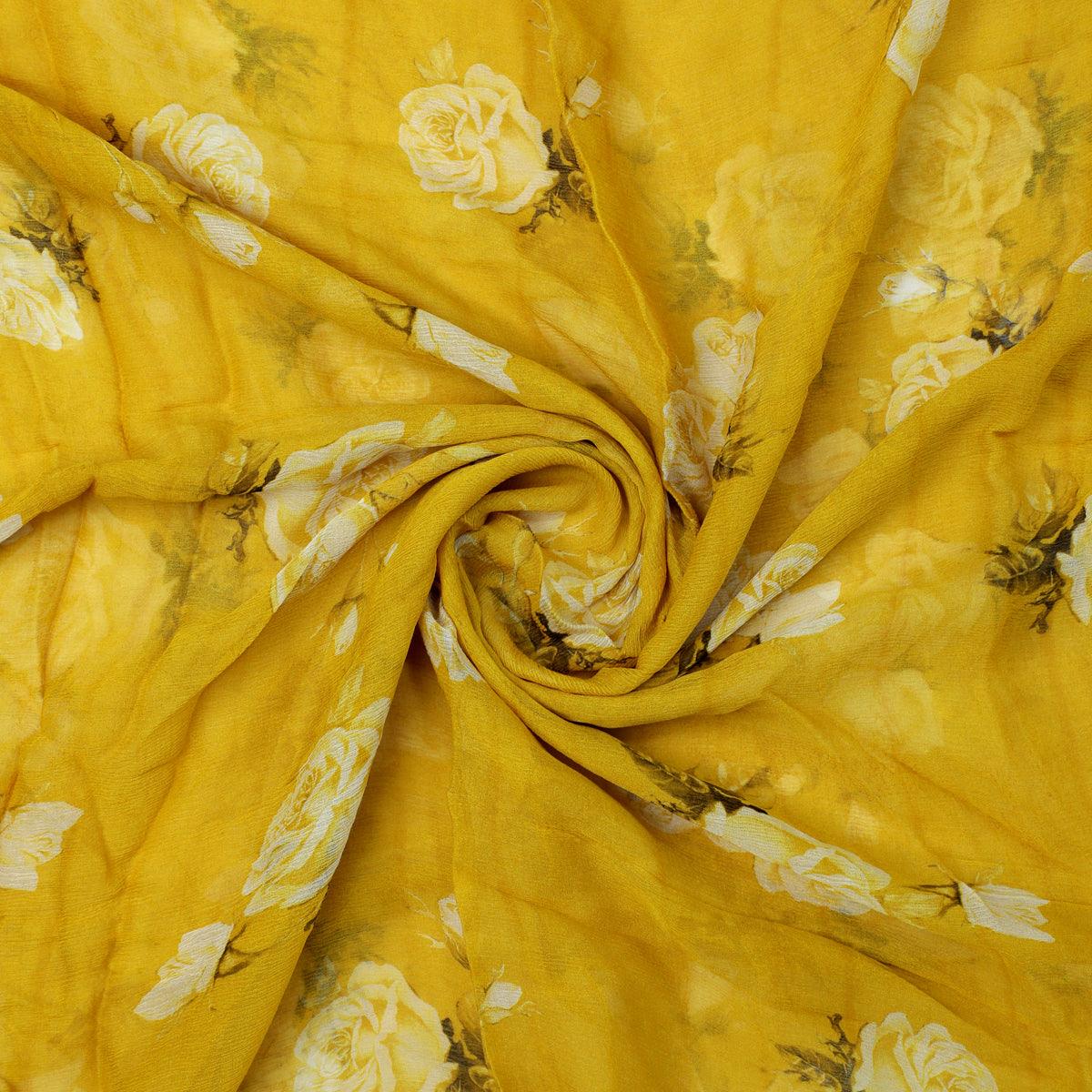 Lemon Yellow Flower Allover Digital Printed Fabric - Pure Chiffon - FAB VOGUE Studio®