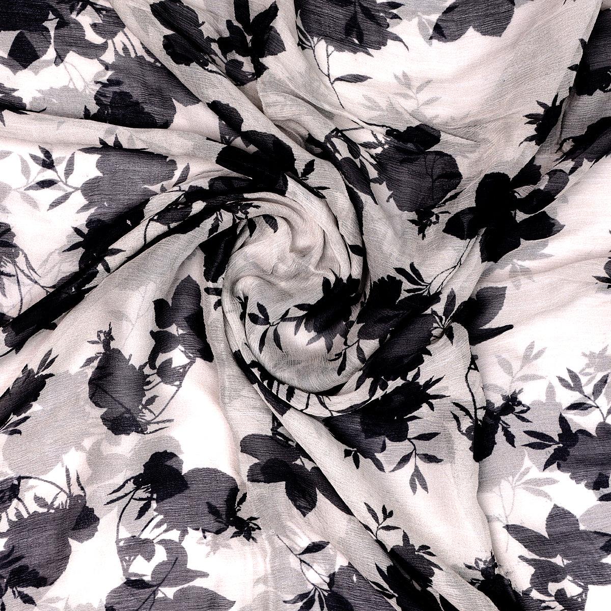 Black Floral Flower Digital Printed Fabric - Pure Chiffon - FAB VOGUE Studio®