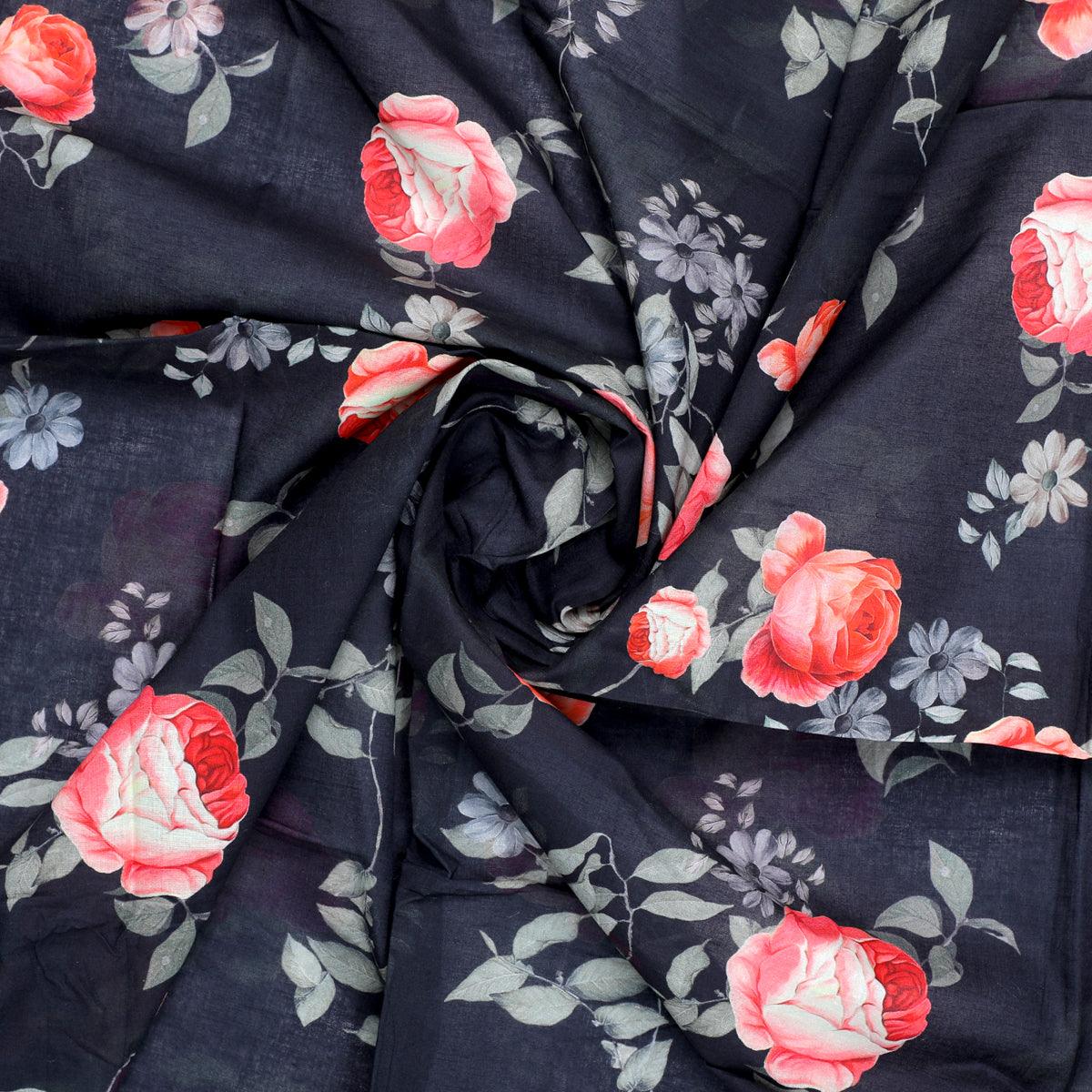 Elegant Floral Over Black Base Digital Printed Fabric - FAB VOGUE Studio®