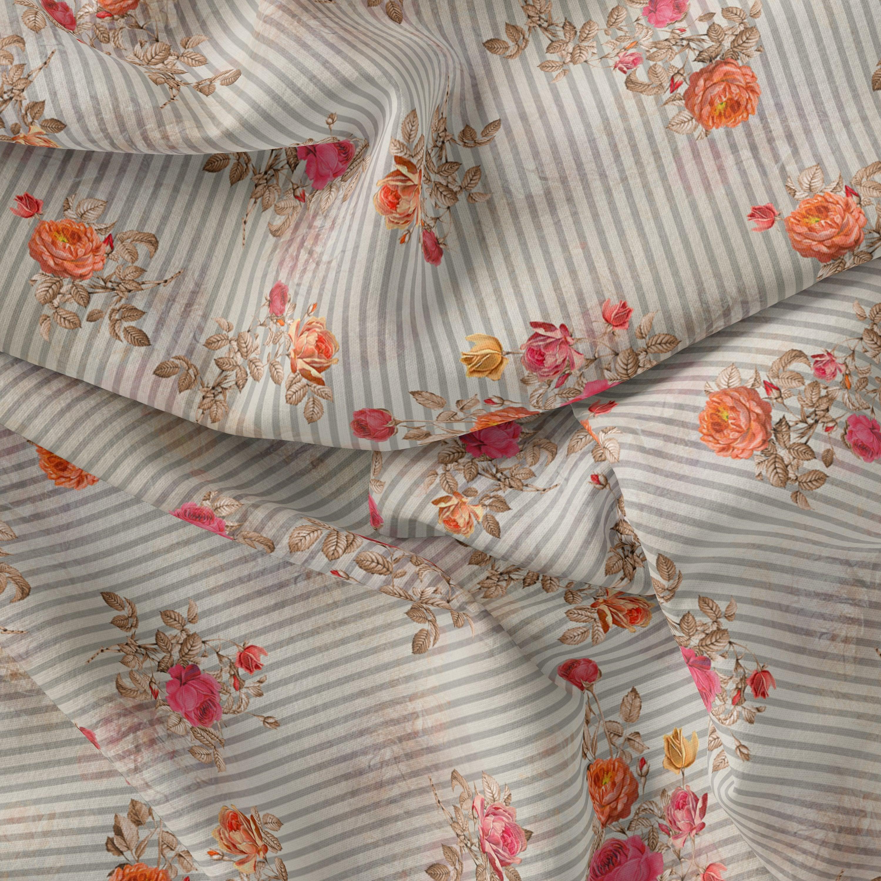 Peony Floral Strips Orange With Red Digital Printed Fabric - Cotton - FAB VOGUE Studio®