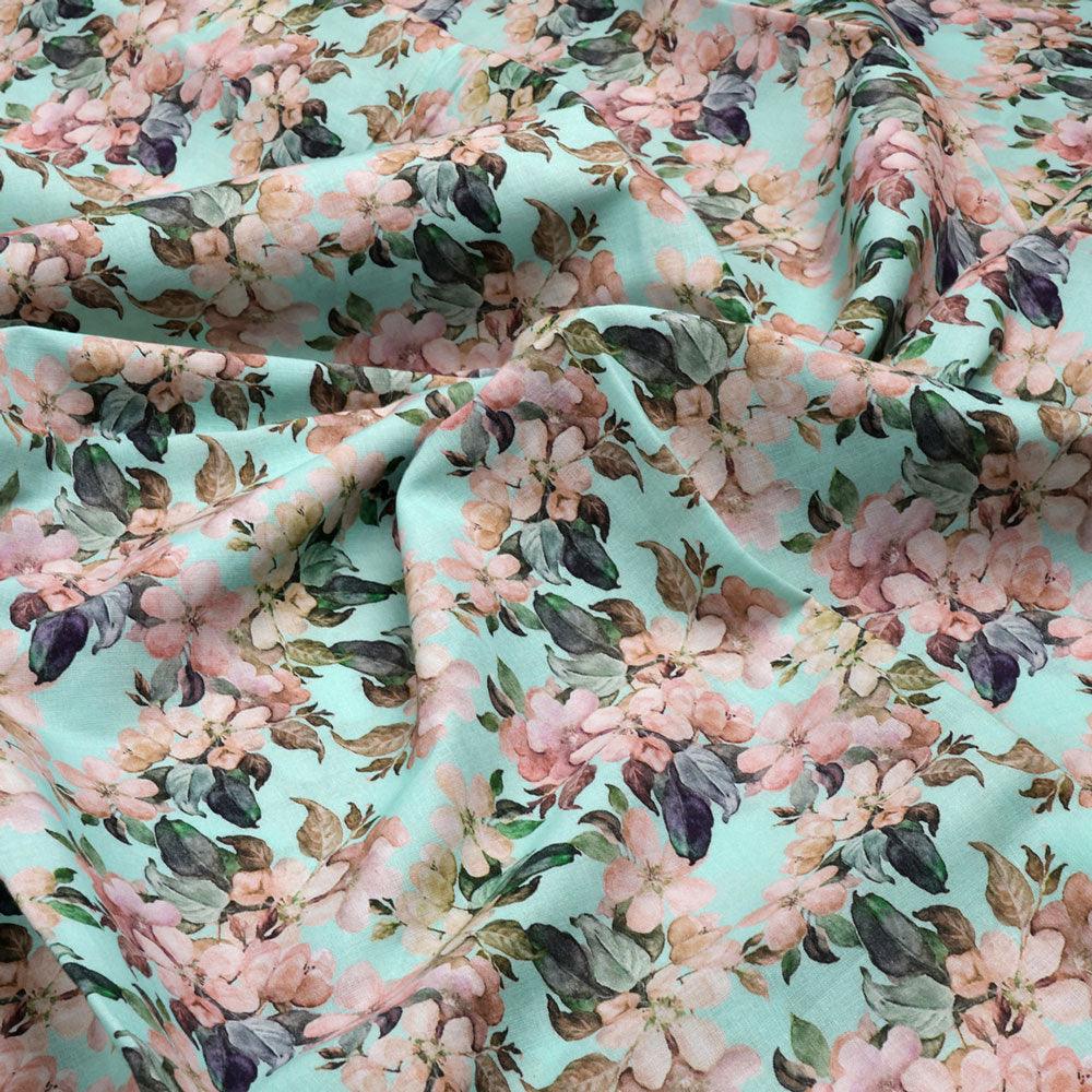 Cyan Flower Pure Cotton Printed Fabric Material - FAB VOGUE Studio®