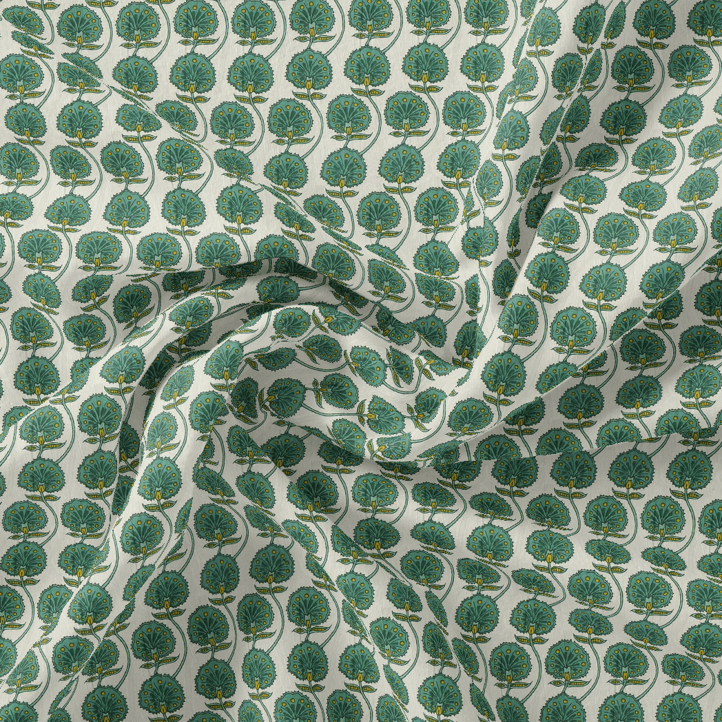 Decorative Palmate Divergent Green Pista Leaves Digital Printed Fabric - Pure Cotton - FAB VOGUE Studio®