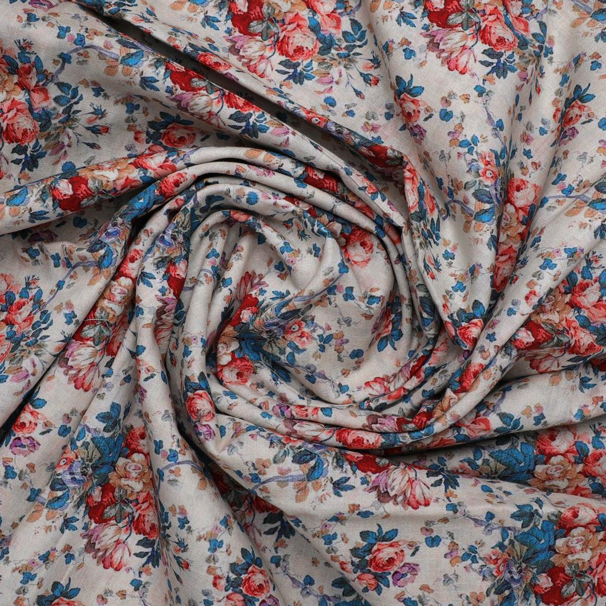 Beautiful Ditsy Flowers On Blue Digital Printed Fabric - Pure Cotton - FAB VOGUE Studio®