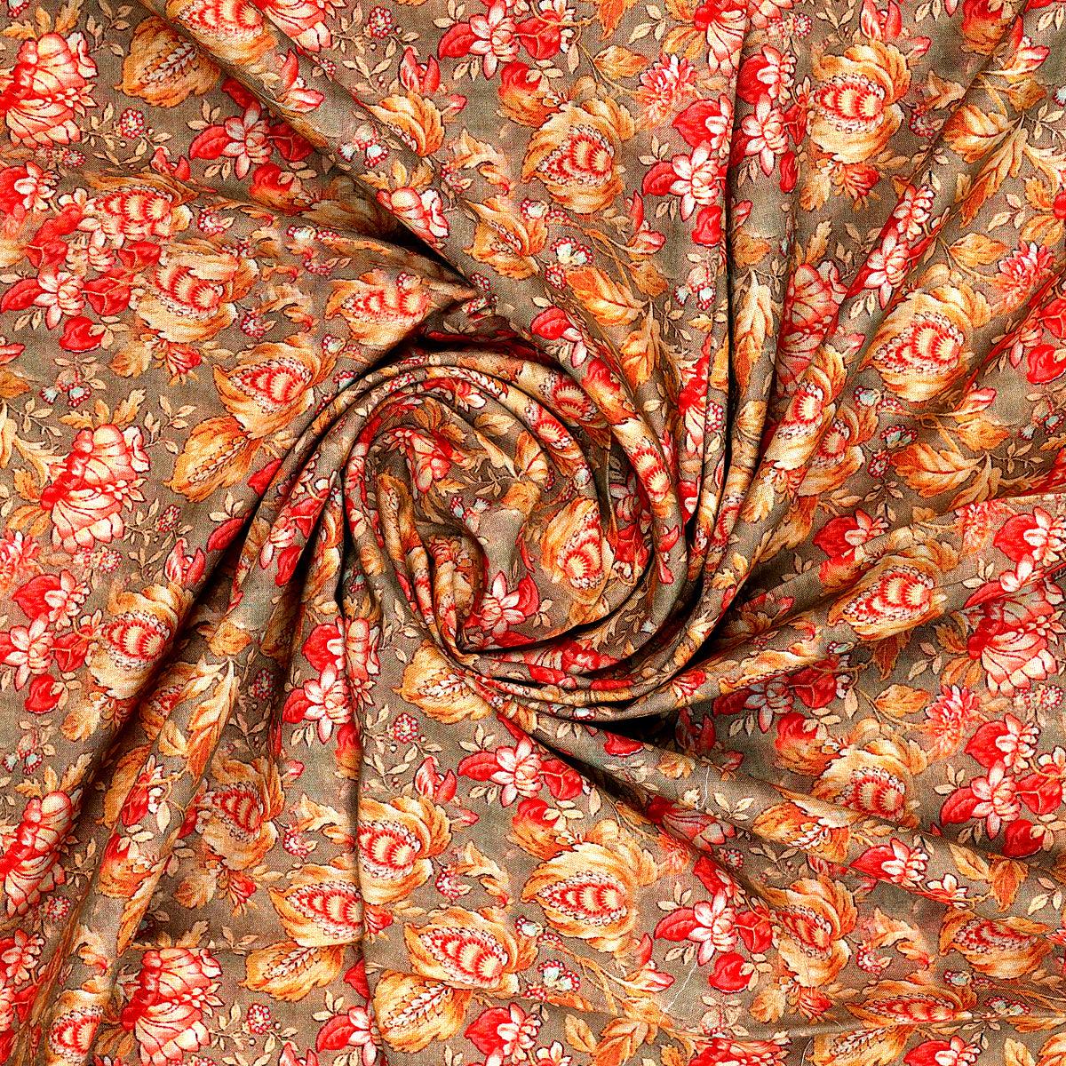 Decorative Leaves With Chiku Brown Digital Printed Fabric - Pure Cotton - FAB VOGUE Studio®