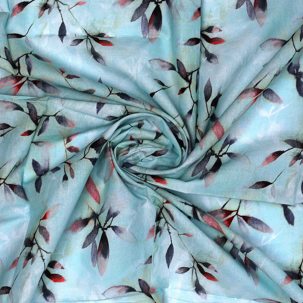 Attractive Sky Blue Leaves Digital Printed Fabric - Pure Cotton - FAB VOGUE Studio®