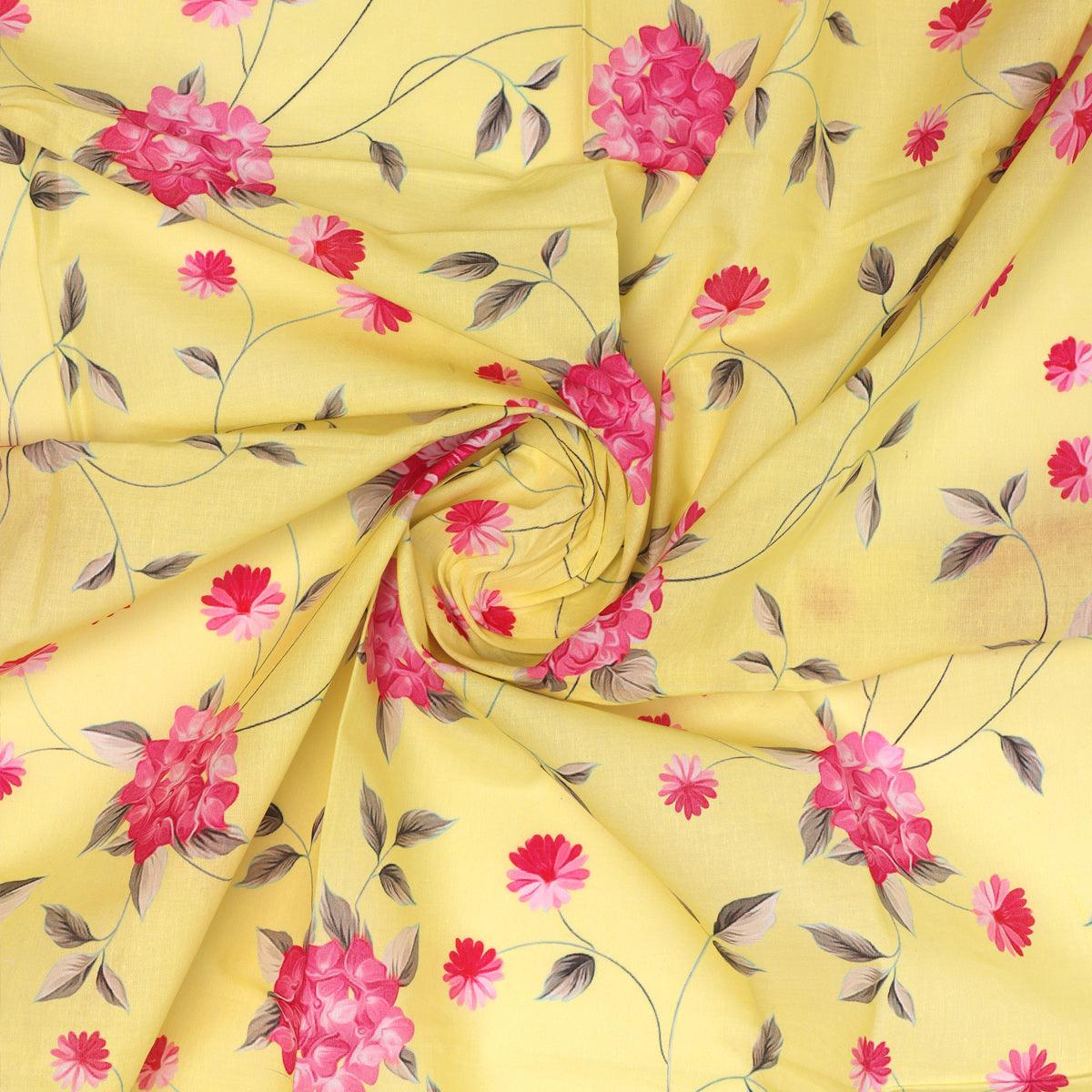 Pink Flower On Lemon Yellow Digital Printed Fabric - Pure Cotton - FAB VOGUE Studio®