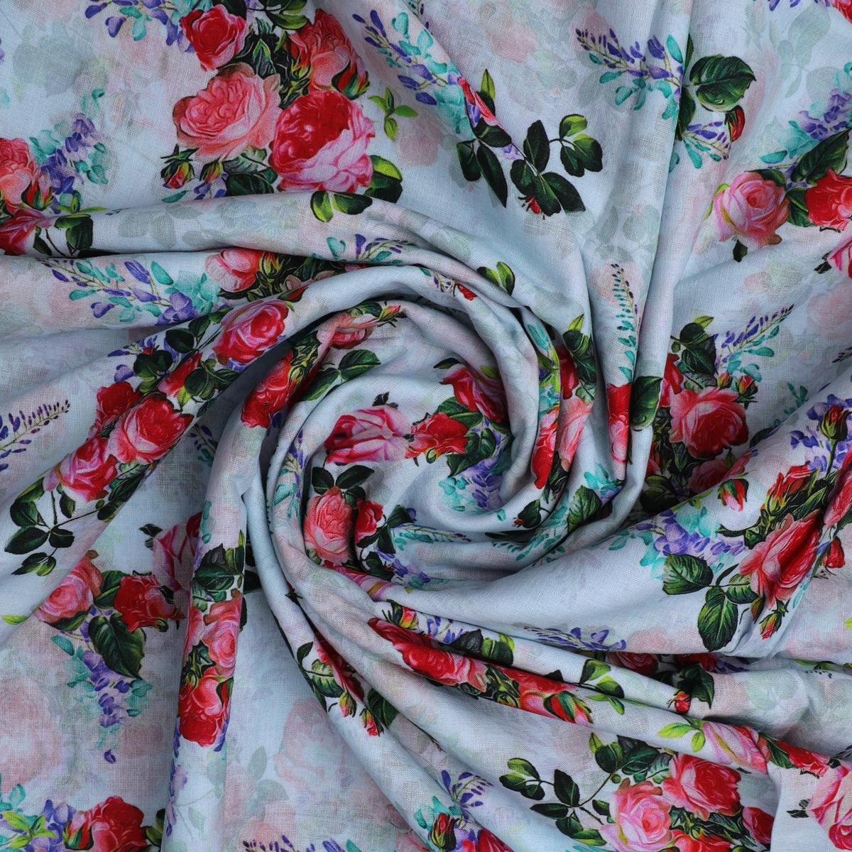 Red Rose Bunch Repeat Digital Printed Fabric - Pure Cotton - FAB VOGUE Studio®