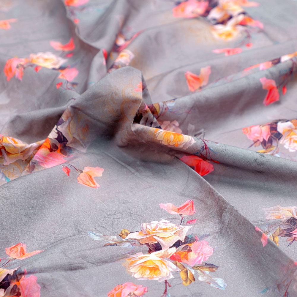 Pixel Floral Laying Over Grey Digital Printed Fabric - FAB VOGUE Studio®