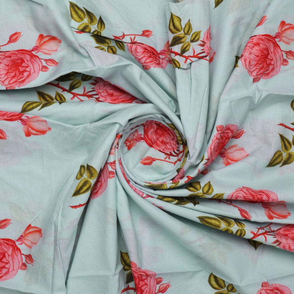 Red Rose Laying Over Sky Blue Digital Printed Fabric - FAB VOGUE Studio®