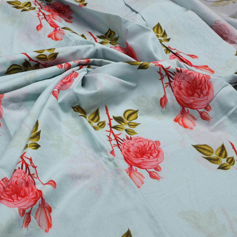 Red Rose Laying Over Sky Blue Digital Printed Fabric - FAB VOGUE Studio®