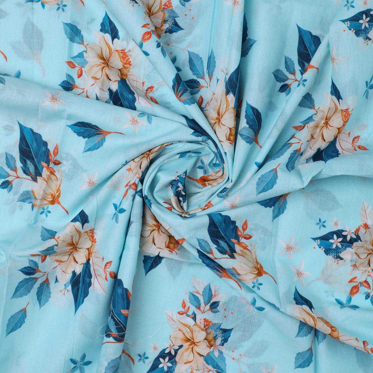 Flower On Ocean Blue Digital Printed Fabric - Pure Cotton - FAB VOGUE Studio®